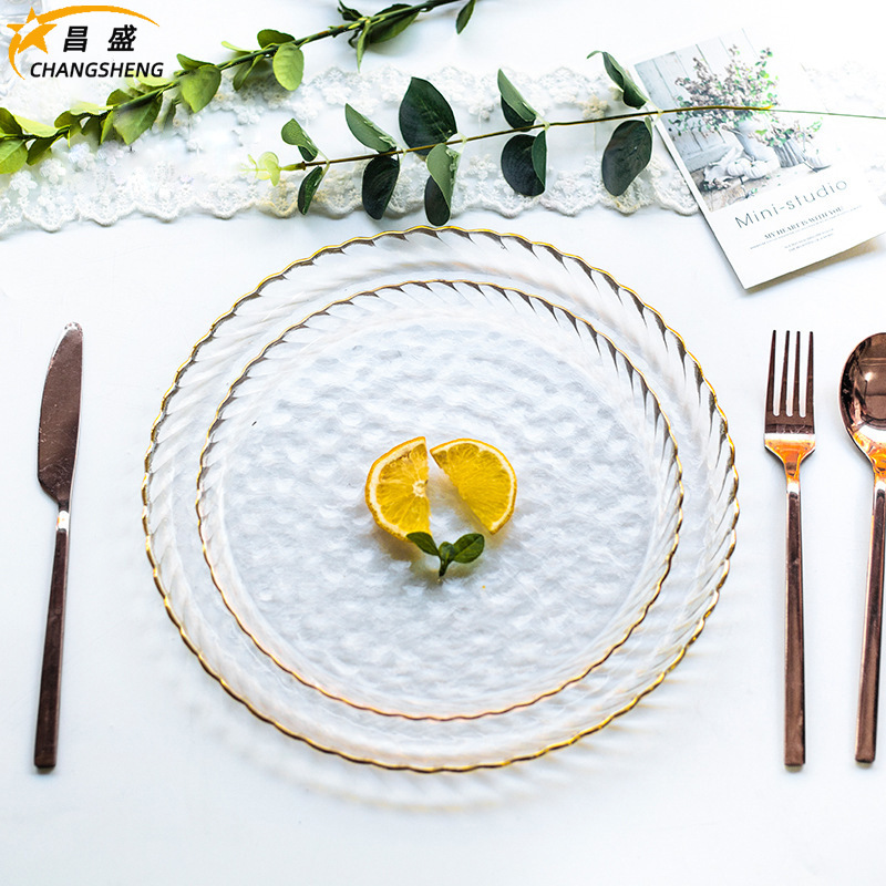 牛排西餐盘子透明玻璃家用平底盘欧式金边锤纹水果沙拉耐热餐具盘