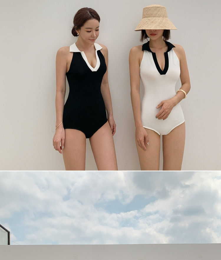 Black and white stitching one-piece swimsuit  NSHL21813