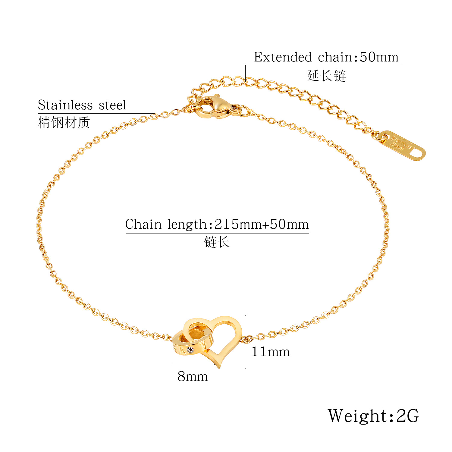 Korean New Product Niche Love-shaped Lady Titanium Steel Diamond Anklet Accessories Nihoajewelry display picture 1