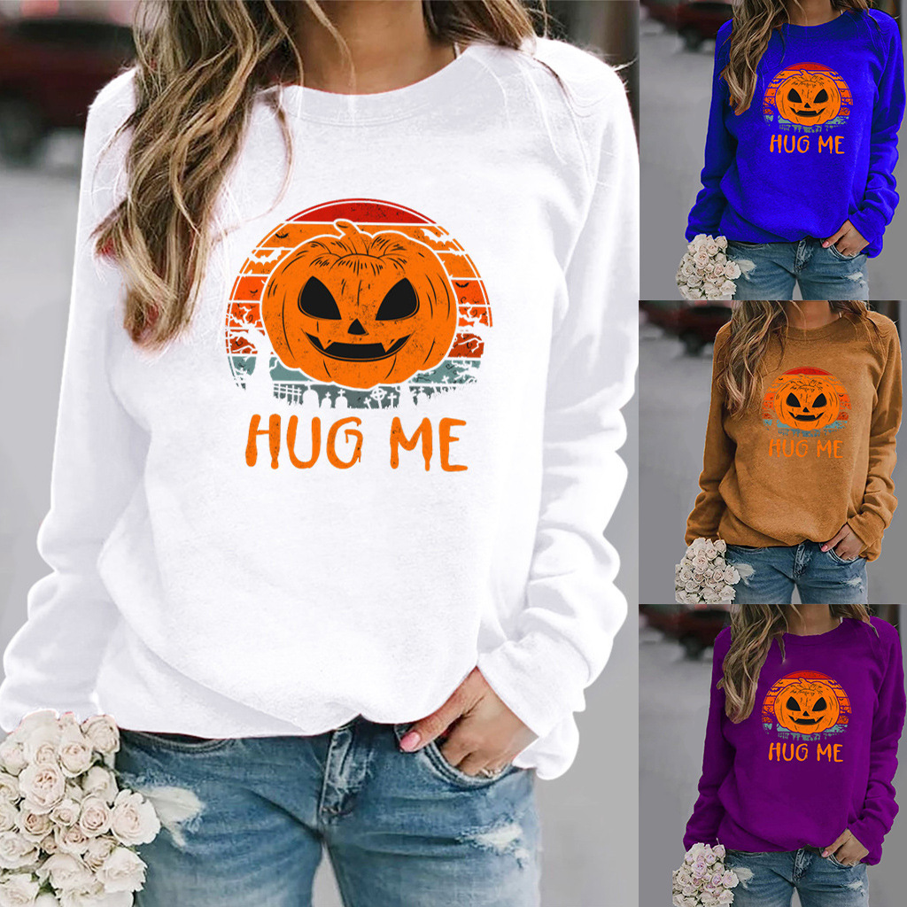 Roupas femininas com estampa de Halloween, moletom feminino de manga comprida e gola redonda_voghion.com