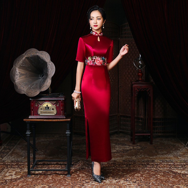 strapless open back dress Summer Red Vintage Short Sleeve Qipao - Slim Long Chinese Dress for Banquet main image 0