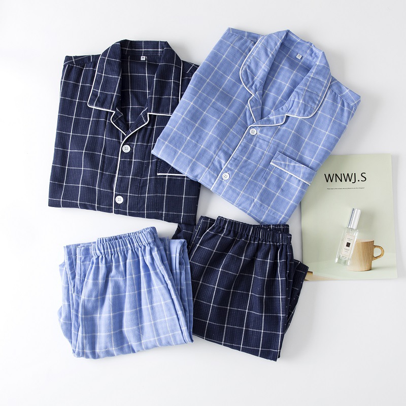 男士女士純棉紗布情侶家居服全棉雙層紗布色織格子長袖睡衣褲套裝