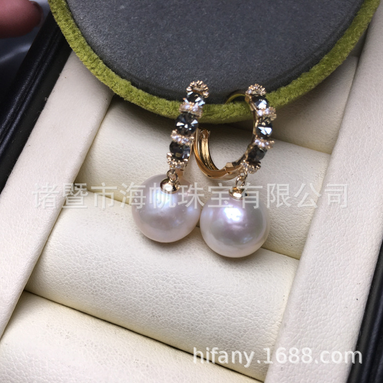 纯银深绿排钻天然淡水珍珠耳扣12-13mm微瑕ed010-x