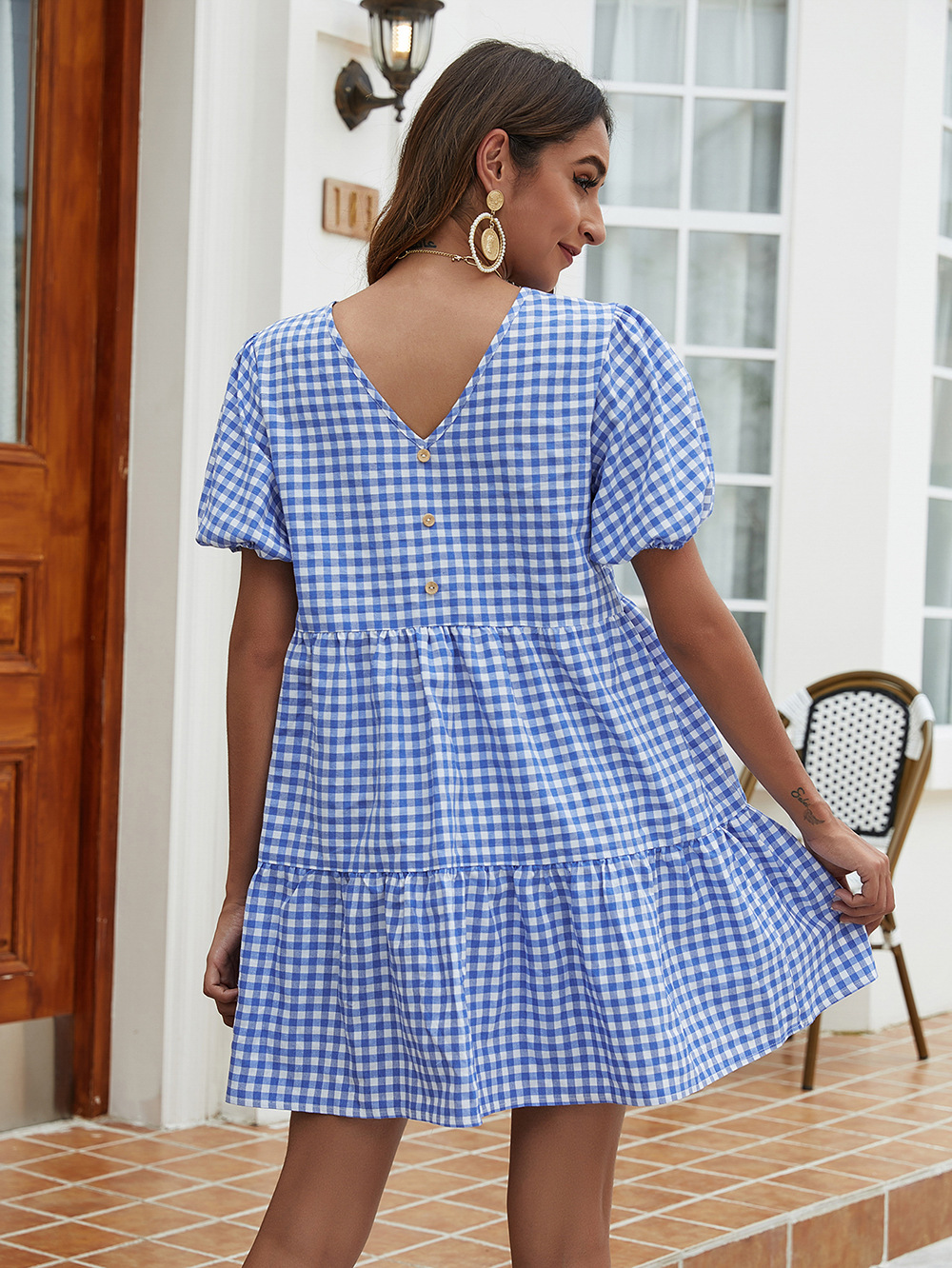 Summer New Fashion Casual Folded Lantern Sleeve Loose Plaid Dress Thin Button Skirt NSDF355