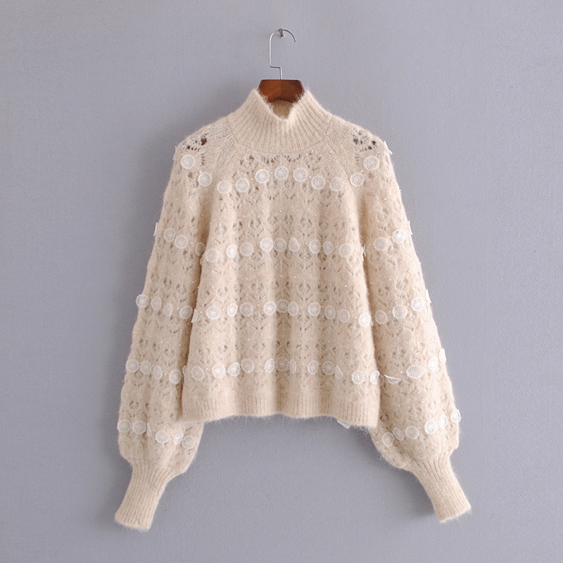 winter high neck lace crocheted knit sweater  NSAM14925