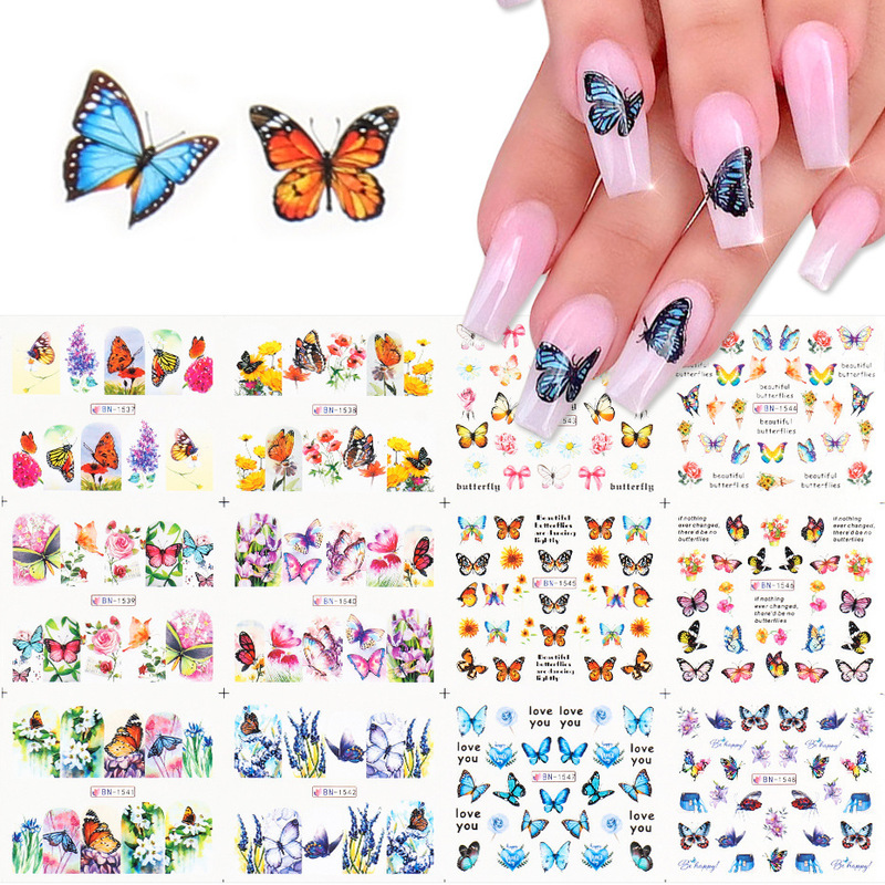 Cross-border New Nail Art Stickers ins Spring and Summer Series Flowers Butterfly Watermark Decal diy Nail Art Decor