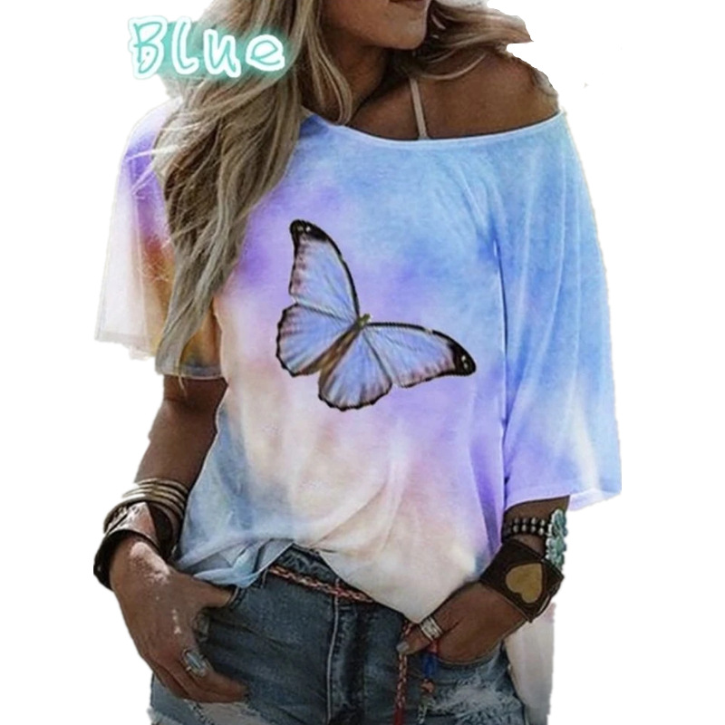 Summer European And American Tie Dye Gradient Printed Butterfly Loose T-shirt Women's Top