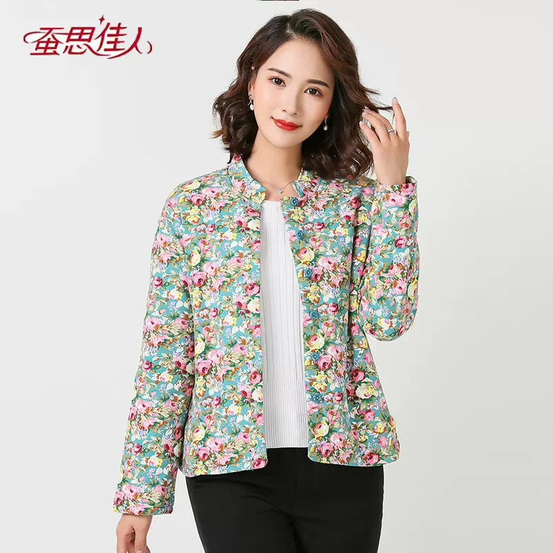 新款中老年桑蚕丝内胆中式花棉袄保暖长款女棉袄妈妈装棉服批发