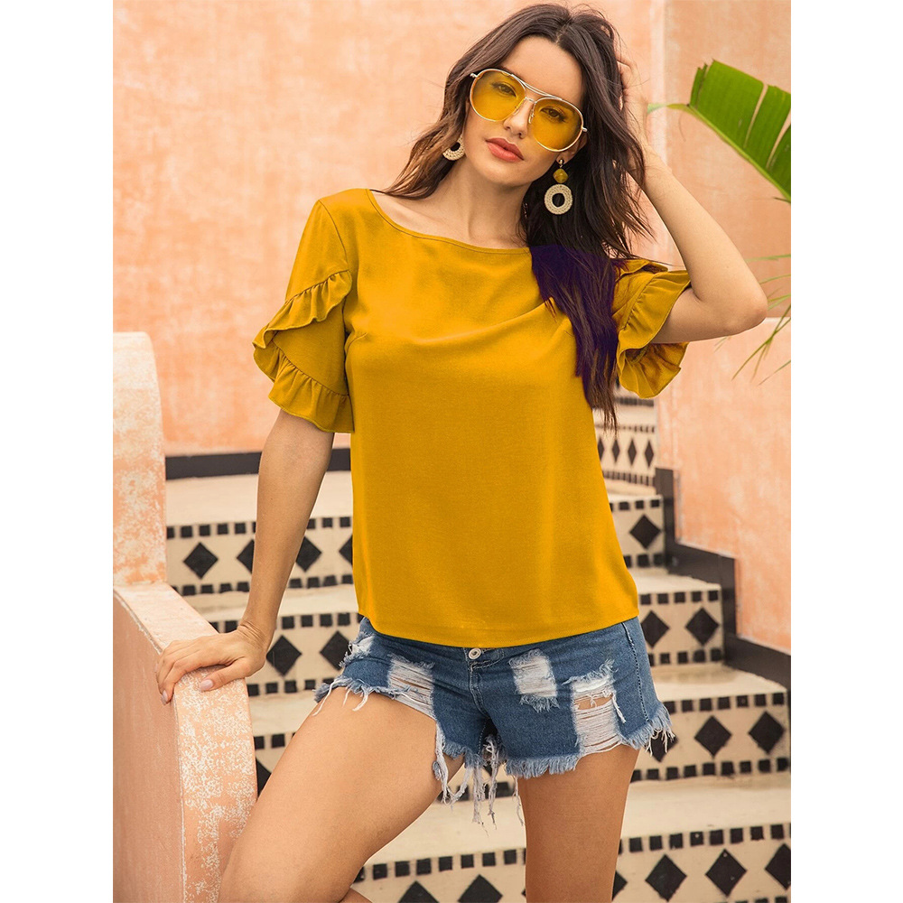 Pure Color Casual Loose Round Neck Ruffle Sleeve T-shirt NSSA39973