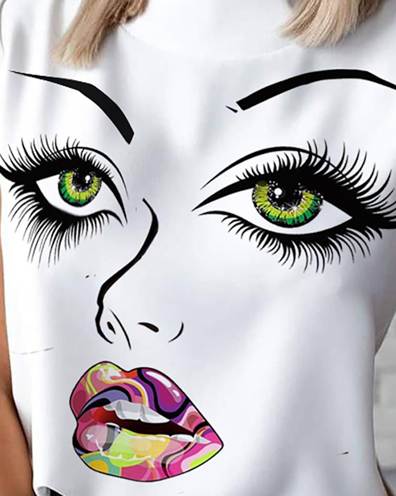 Frau Bluse Kurzarm T-shirts Drucken Patchwork Mode Menschliches Gesicht display picture 6