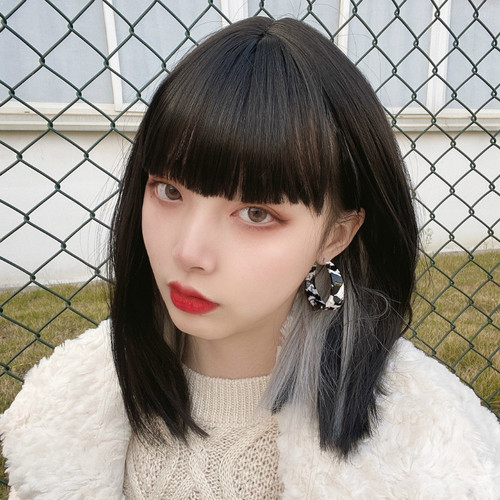 Comic bangs wig for female short hair Internet celebrity Lisa's same style scheming ear hanging dyed clavicle medium and long hair AliExpress new product