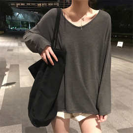 外贸2020超火T恤女秋季内搭纯色长袖打底衫韩版学生外穿宽松上衣