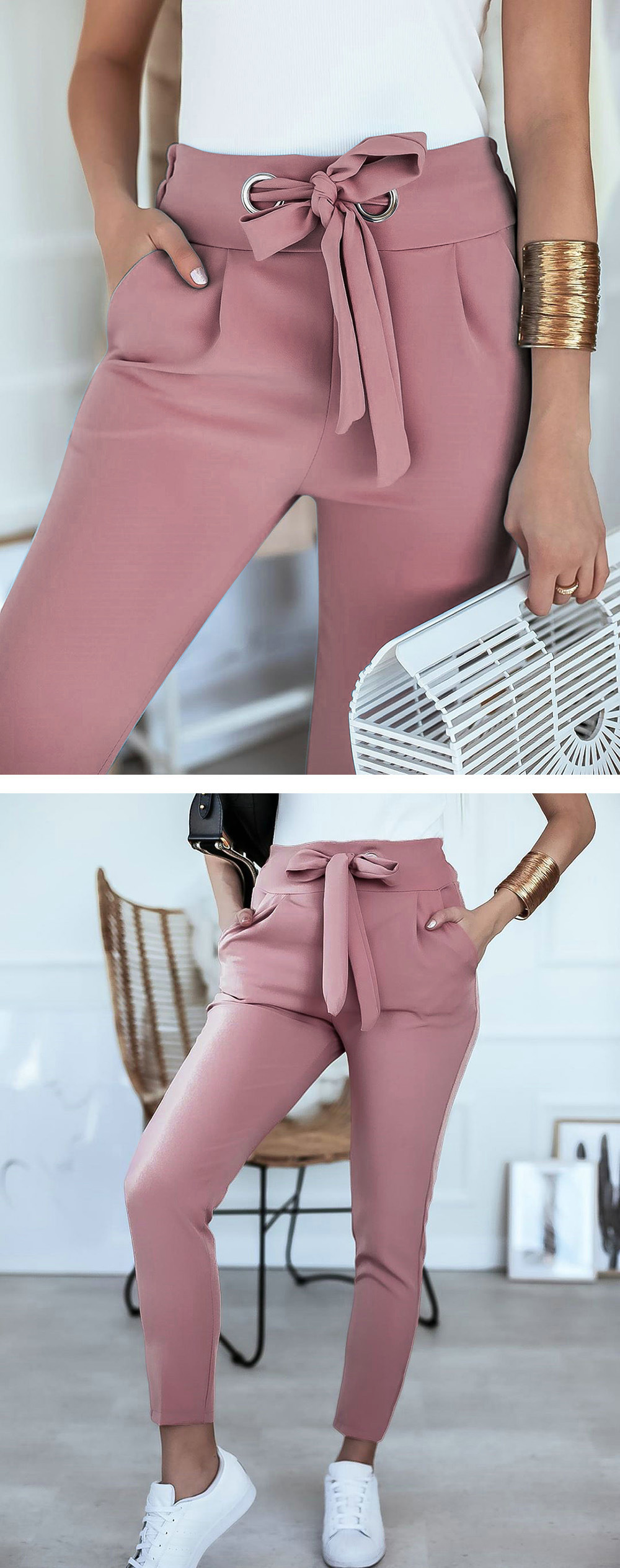 high waist lace-up slim pockets solid color trousers NSMLT120312