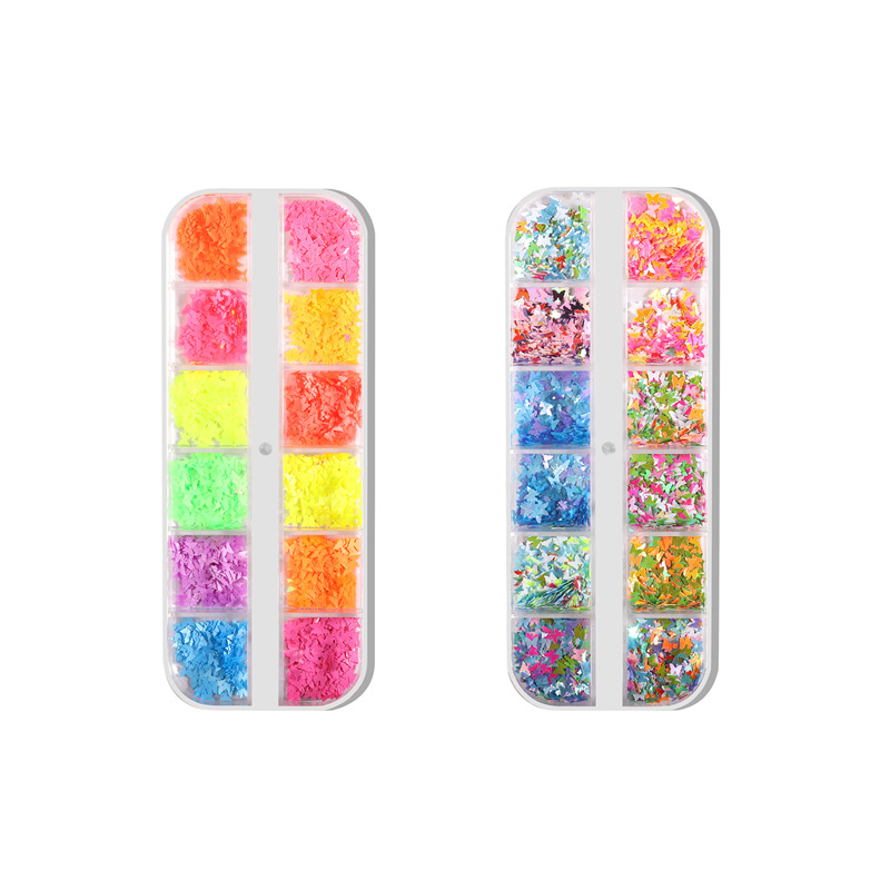 Transfronterizo caliente 12-color mezclado lentejuelas de uñas láser Magic Star Butterfly fluorescente DIY decoración de uñas lentejuelas