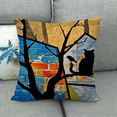 Cat on the tree watercolor oil painting graffiti linen pillowcase cushion pillowcase cross-border platform manufacturer supply 1598