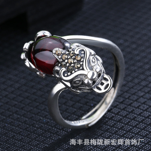 Cross-border Lucky Pixiu Ring for Men and Women Retro Silver Garnet Open Ring Ethnic Style Hand Jewelry Manufacturer Direct Supply