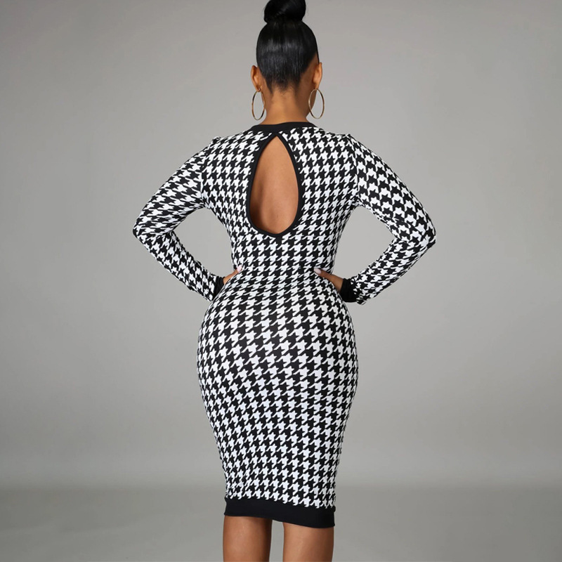 new houndstooth print hedging mid-length dress NSJYF58028