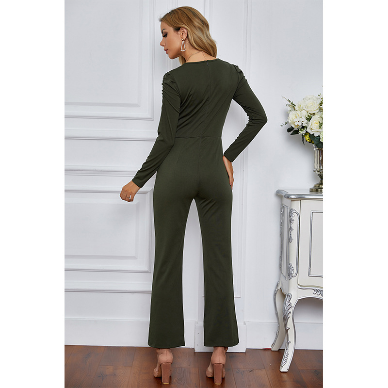 long-sleeved solid color low-cut V-neck puff sleeve belt jumpsuit NSMAN53262