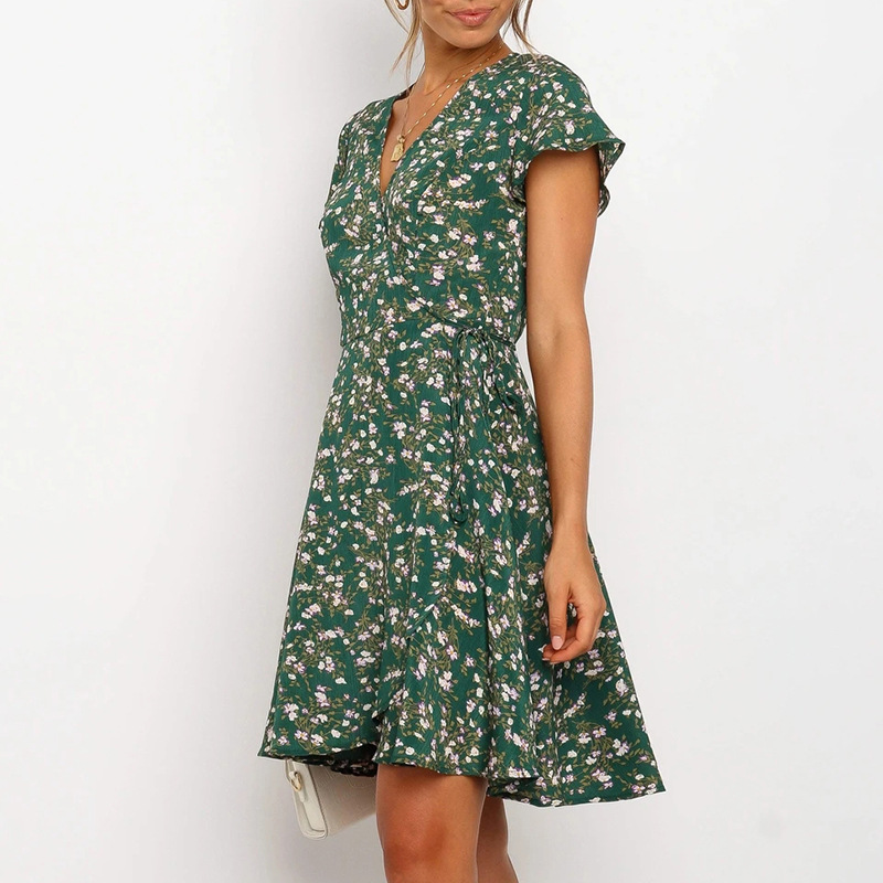 casual all-match floral print short-sleeved V-neck chiffon dress NSGE37762