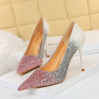 9219-35 Europe and sexy high heel with shallow mouth pointed color matching color gradient sequins high-heeled shoes wom