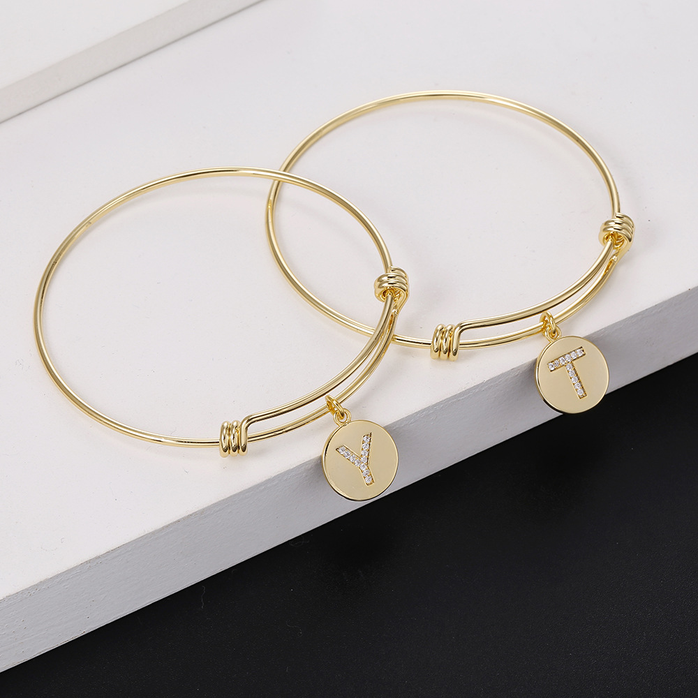 European and American live mouth adjustable 26 letter real gold plated zircon copper bracelet