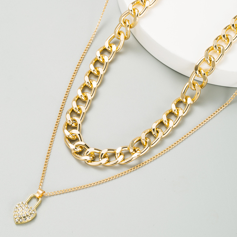 Alloy Heart-shaped Lock Pendant Exaggerated Thick Chain Multi-layer Necklace display picture 2