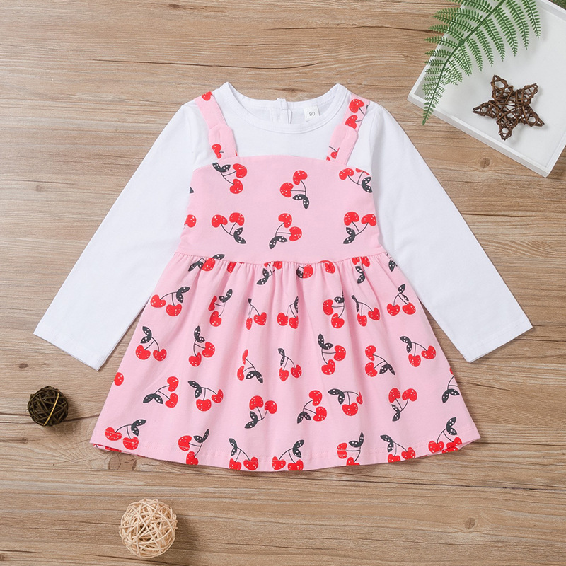 Spring And Autumn Fake Two-piece Long-sleeved Cherry Print Pleated Skirt display picture 2