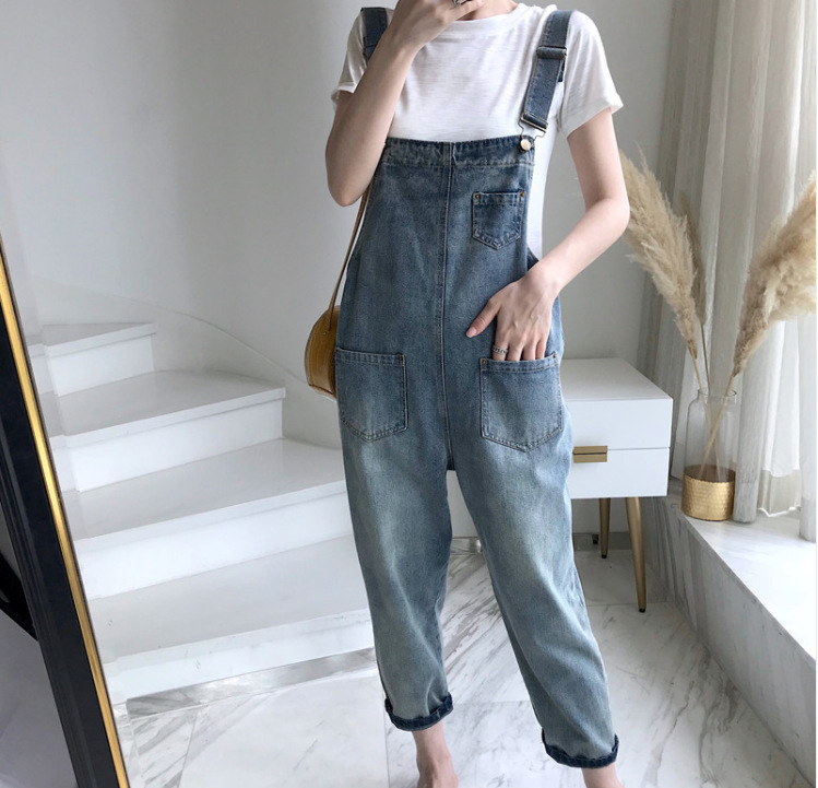 Women's Denim Overalls Korean Summer New Style Loose Korean Cat Paw Student Monster Cute Cropped Pants Unique