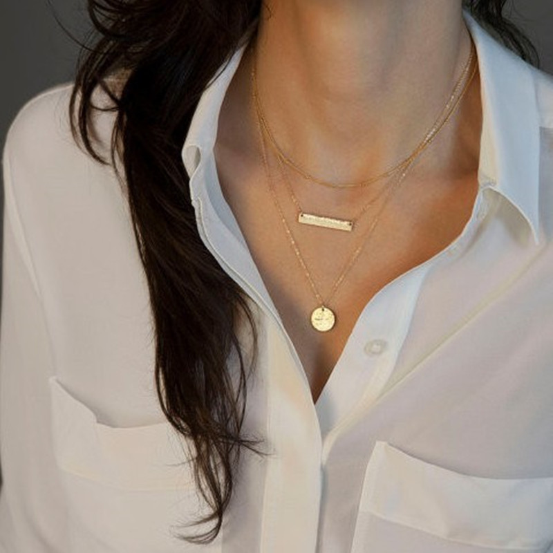 Simple geometric sequin pendant multi-layer necklace