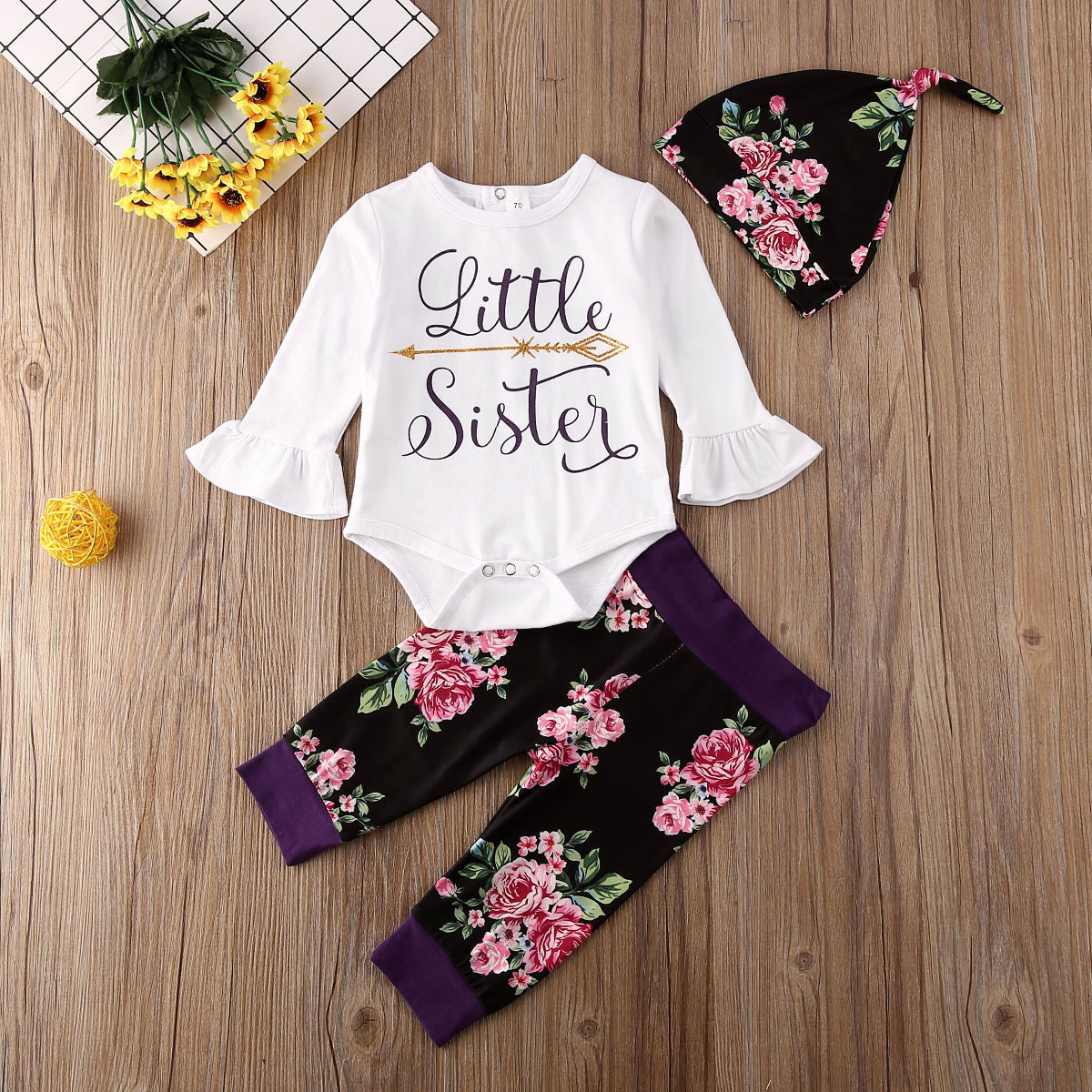 A Piece Of Hair For Small And Medium Girls Spring And Autumn Letters Long-sleeved Tops, Flower Trousers, Hairbands, Three-piece Sets Of Sisters And Children's Suits