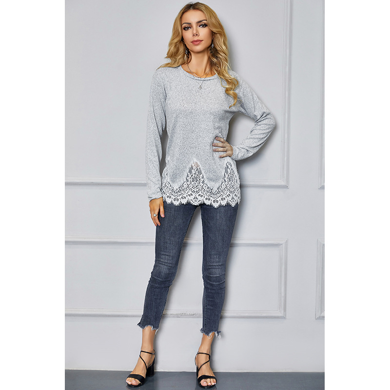 long-sleeved stitching irregular lace hem top NSSA26071