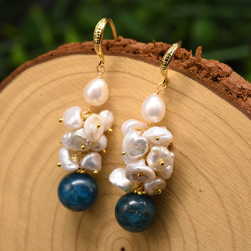 20g Weight Natural Stone Inlay Material Fashion Geometric Pearl Inlay Natural Stone Drop Earrings 1 Pair