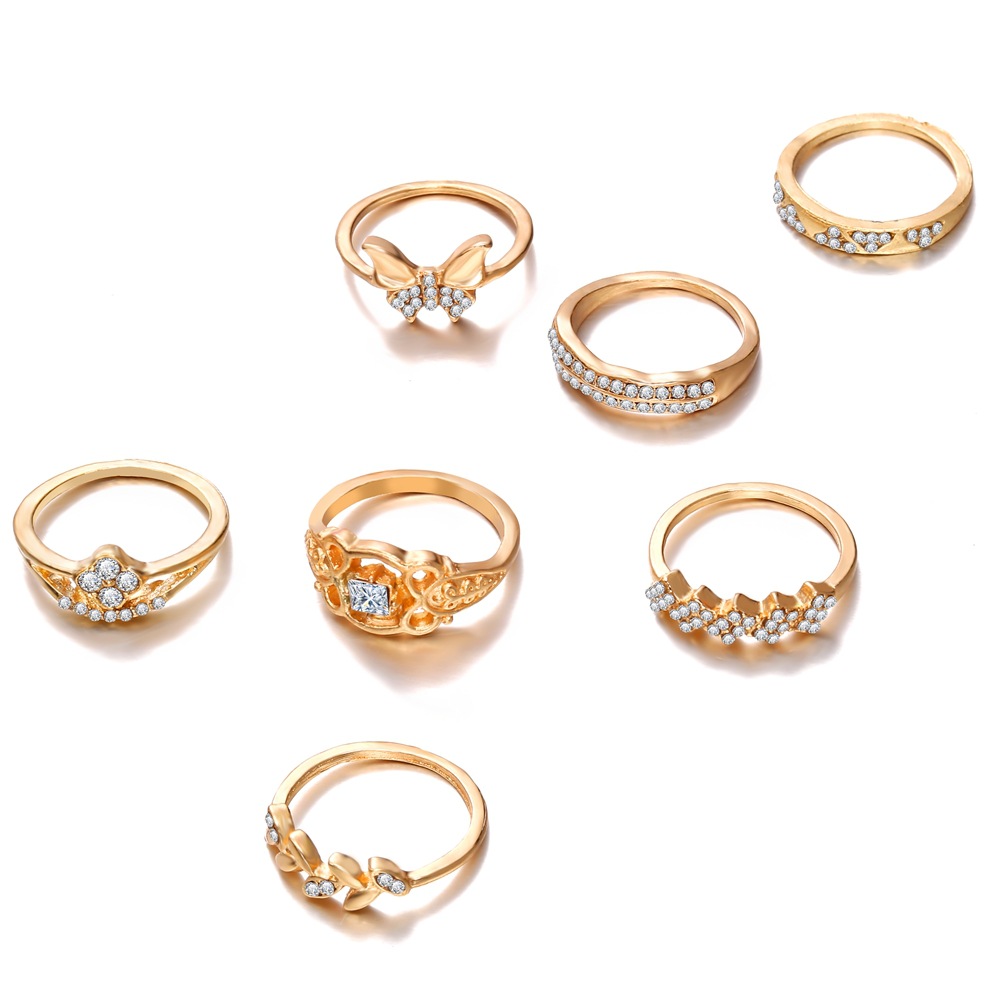 New Alloy Diamond Leaf Butterfly Ring Set 7-piece Retro Geometric Ring Wholesale display picture 3