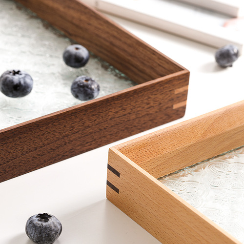 [Factory Direct Sales] Retro Hydrangea Glass Wooden Tray Tabletop Decorative Item Incense Tea Sea Storage Tea Plate 