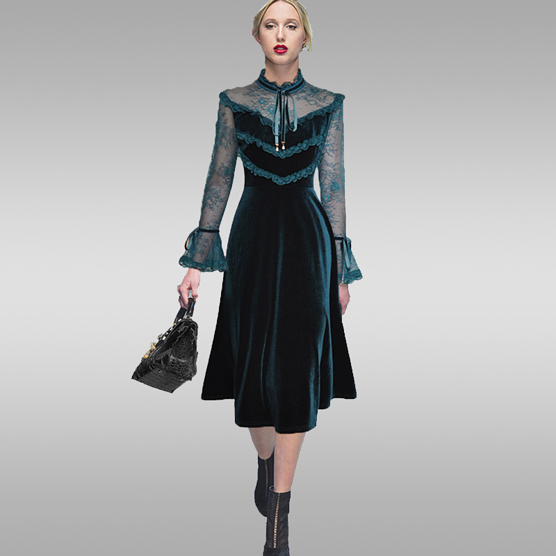 小香风金丝绒连衣裙2020秋冬新款高端蕾丝拼接显瘦法式晚礼服裙女