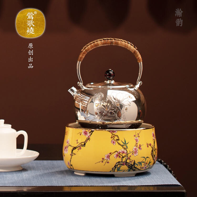 台湾莺歌烧电陶炉粉彩浅黄梅竹先春无辐射超静音银壶铁壶专用电炉|ru
