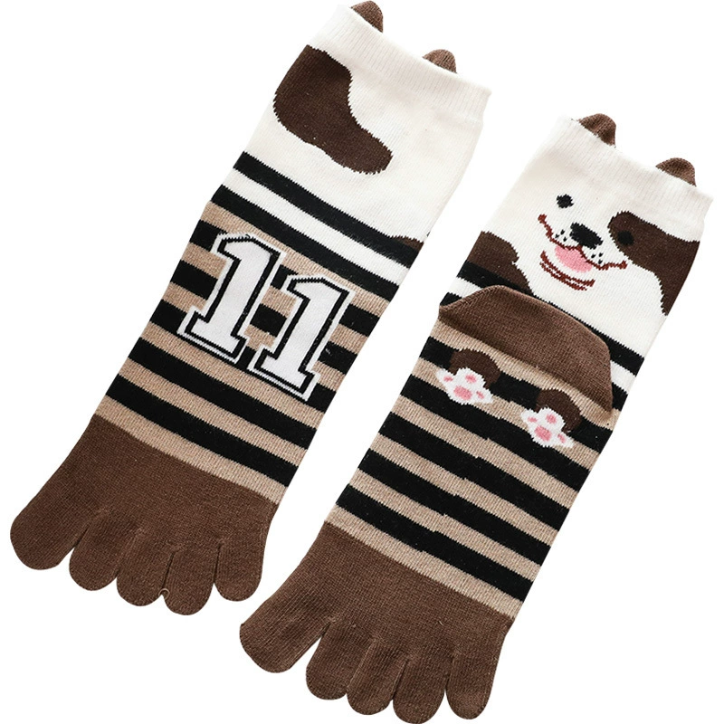 New five -finger socks female solid color cotton mid -toe socks cartoon dog socks