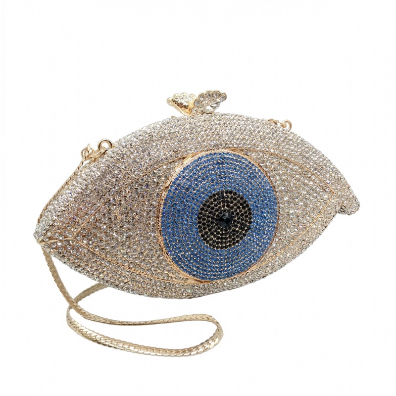 Túi clutch nữ đính kim cương kim loại rỗng cầm tay dự tiệc 19x4x10.5 cm — Màu xanh lam, Màu đen, Nền vàng kim cương trắng, Đế Vàng Kim Cương