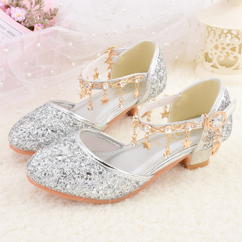 Girls Princess Shoes  New Fashionable Little Girls Crystal Shoes Dress Shoes Catwalk Tassel Buckle High Heels