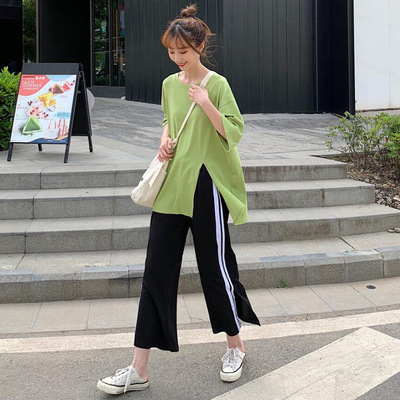夏季韩版2020新款牛油果绿宽松BF风网红开叉短袖T恤女时尚两件套