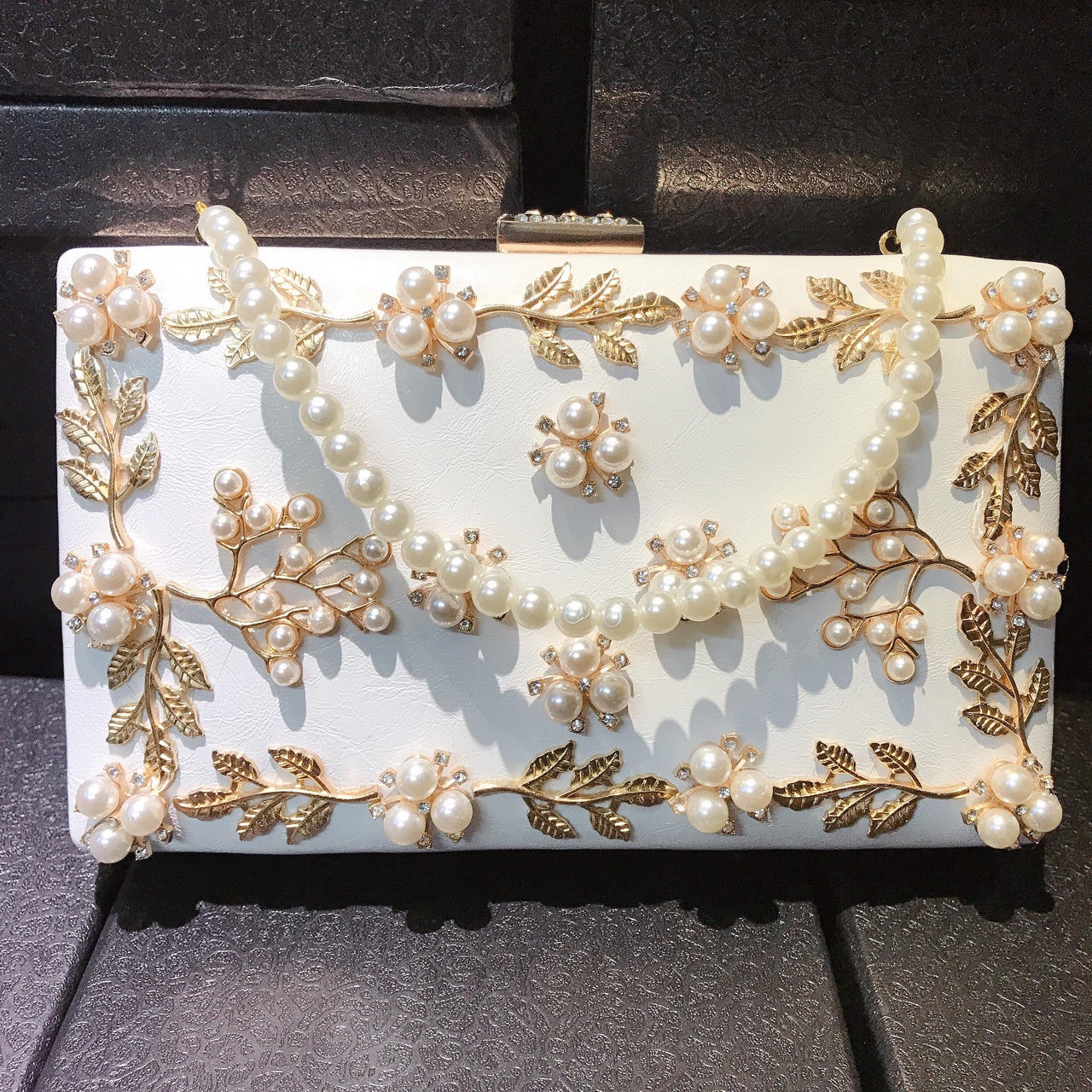 Túi clutch nữ đính đá dạ hội hình vuông nhỏ da nạm kim cương — Màu trắng chi tiết 3