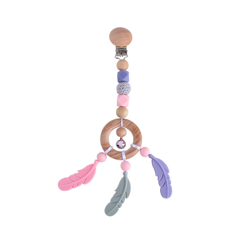 Bebé DIY creativo Beech anillo de juguete mordedor de dibujos animados pluma de silicona teether palo Pezón cadena anti-caída de la cadena Nuevo