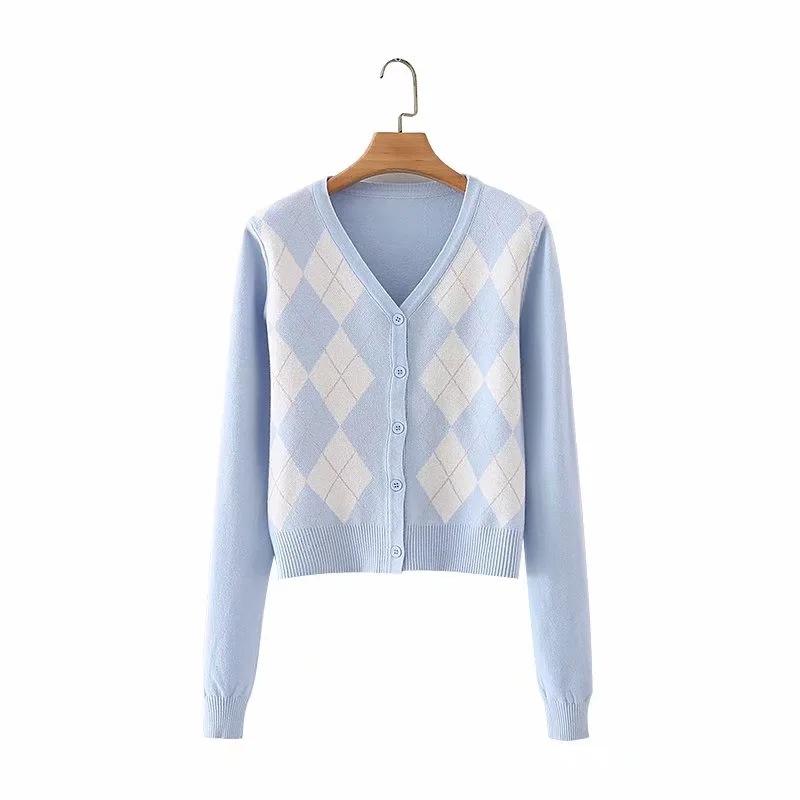 spring and autumn new v-neck diamond plaid sweater  NSAC13909