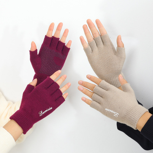 Anti-slip half-finger gloves for men and women in autumn and winter thin knitted wool student writing fingerless half-finger cycling gloves