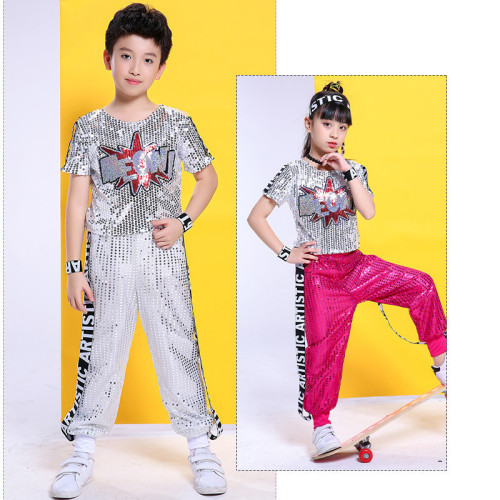 Children girls green red silver sequins jazz dance costumes girls boys hip-hop dance suit children's cheerleading dance clothes