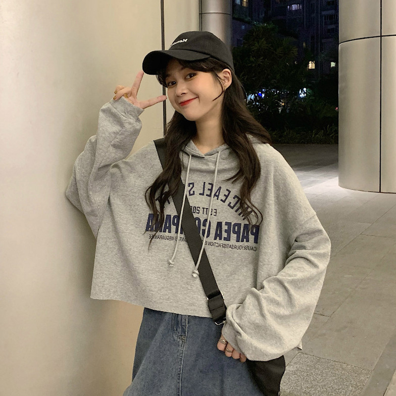 Thin Sweatshirt For Women 2025 Autumn New Korean Version Letter Print Student Short Hooded Jacket Ins Trend_voghion.com