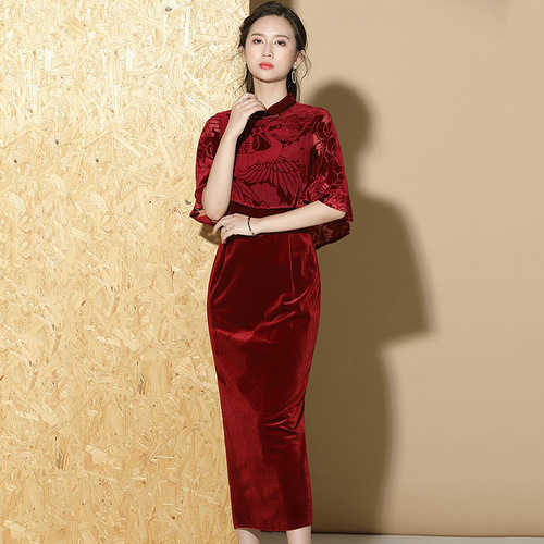 Multicolor fashionable burnt flower patchwork Cape standing collar cheongsam dress