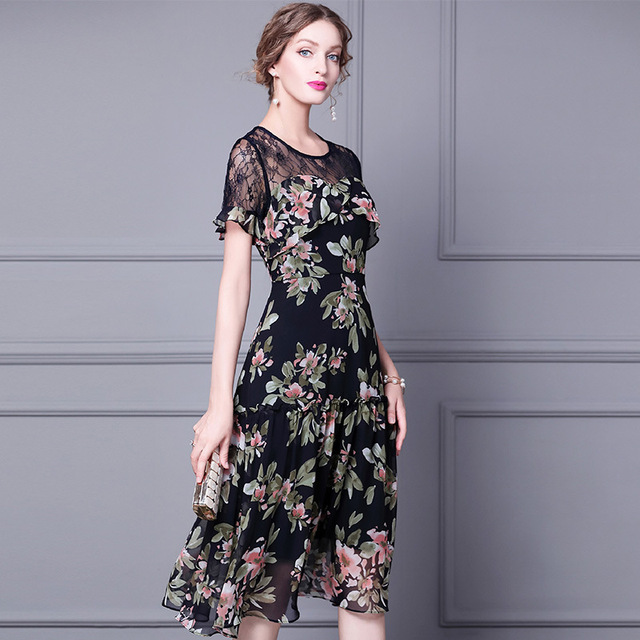 Floral dress mid length summer dress with lace stitching waist closing and thin print A-line skirt