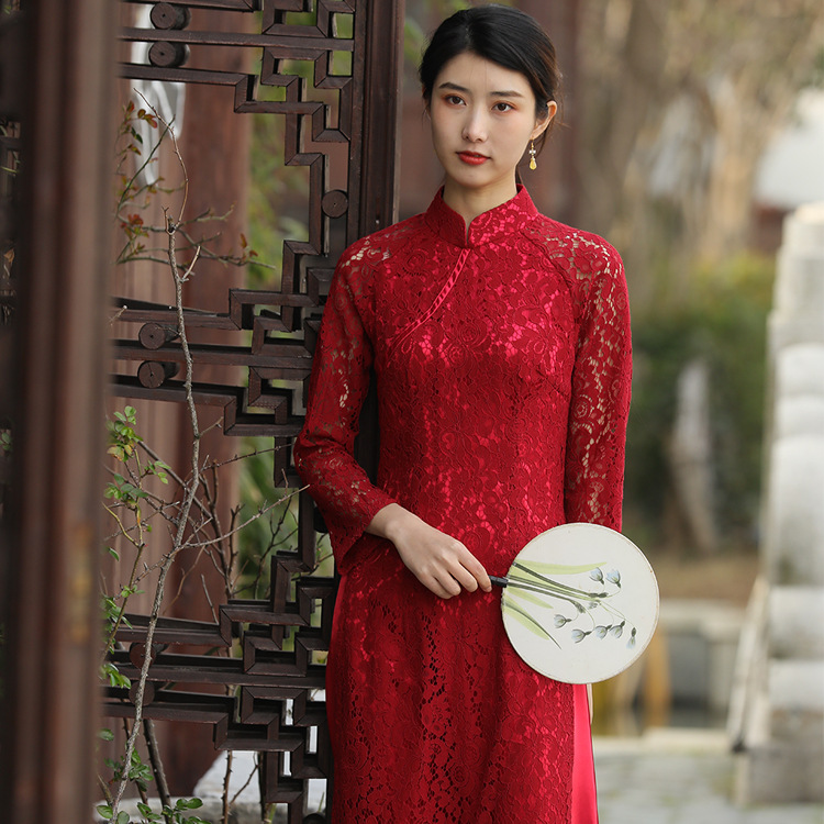 Lansewei summer new pattern Improvement Audrey Cheongsam skirt Stand collar Lace Long sleeve Buddhist mood have more cash than can be accounted for Manufactor Direct selling