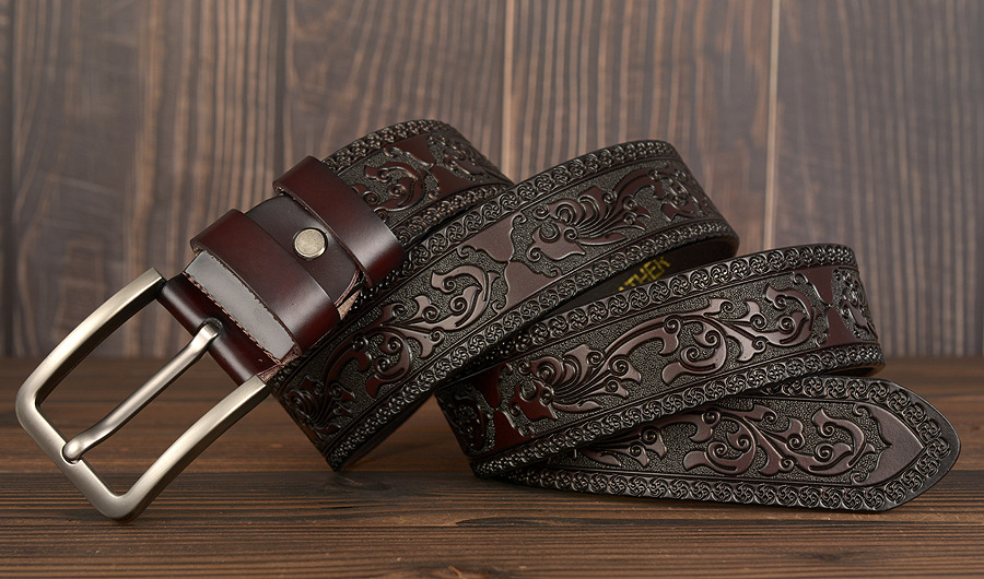 Cintura da uomo in pelle di vacchetta intagliata personalizzata con fibbia ad ago di nuova moda_voghion.com